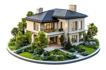 Modern house exterior design surrounded by lush greenery featuring landscaped garden and stone pathways in a peaceful setting