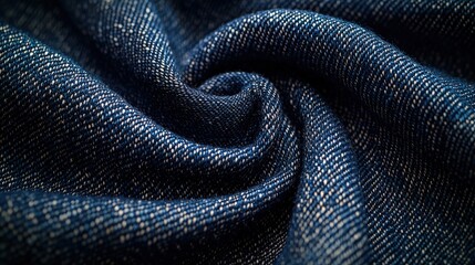 Closeup of textured indigo denim fabric folded in swirling pattern