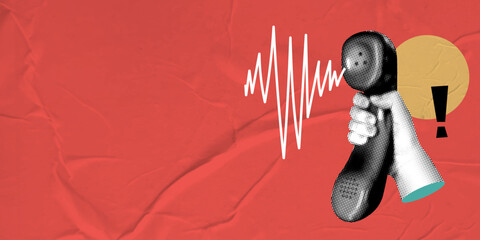 Pop art modern collage with halftone hand holding telephone receiver. Announcement banner of news, sales with copy space. Retro newspaper elements. Texture of crumpled pasted paper. Advertising poster