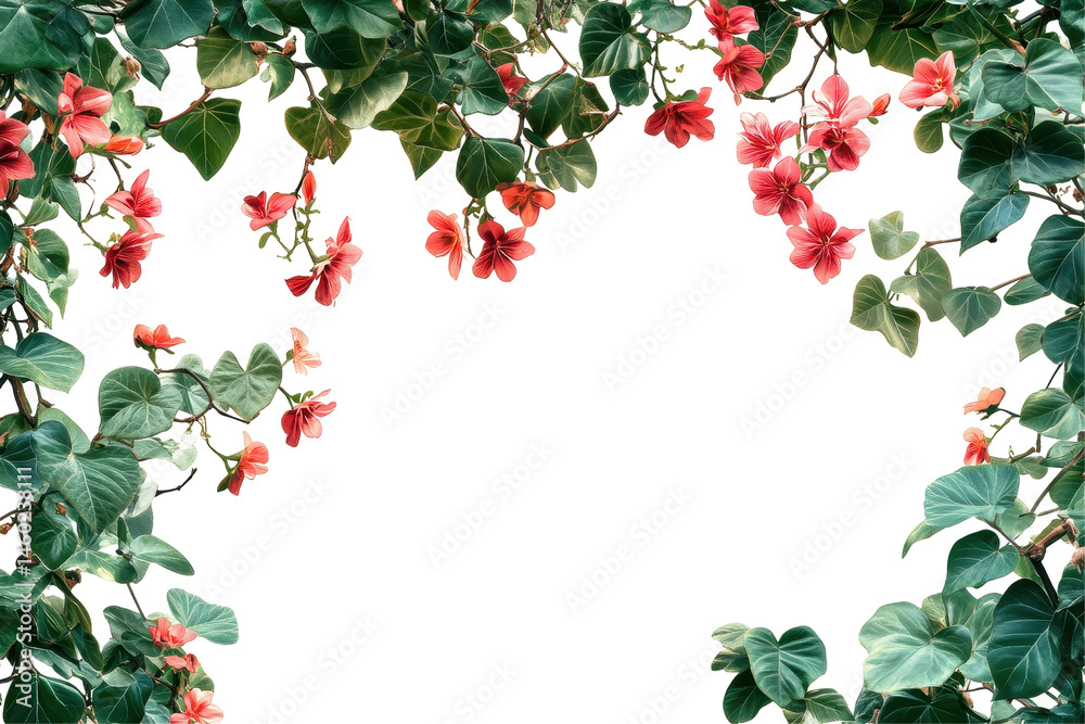 Poster Flowering vines with vibrant blooms framing a clear space for design use or artistic backgrounds