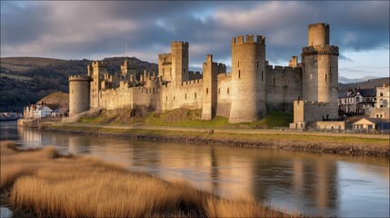 Ancient Fortress on the Water: Majestic castle reflected in the water under a moody sky. This photo captures the historic and architectural splendor of the ages.