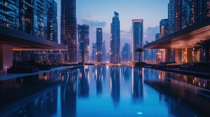 Fototapeta premium Reflections of a gleaming cityscape mirrored in still waters at twilight