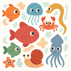 Naklejka premium underwater animals including fish, squid, jellyfish, crab, starfish, eel, and snail.