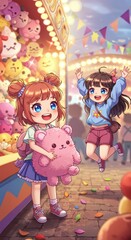 Joyful Carnival Fun: Two Cute Girls at a Fair