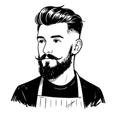 Stylish barber with a handlebar mustache and well-groomed hair, wearing a black shirt and apron.  Black and white vector illustration.