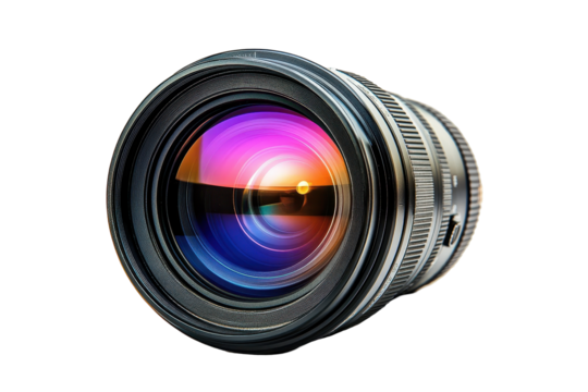 High-quality transparent PNG representation of a professional camera lens showcasing detailed optical structure and vibrant colors suitable for design and creative projects - Powered by Adobe