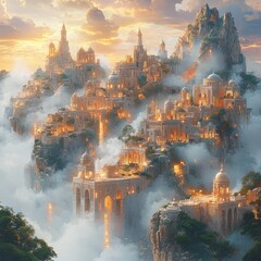 Sky City Sunset  Fantasy architecture in clouds.  Use  Game design, fantasy art