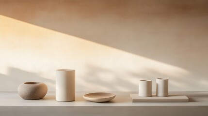 Beige ceramic decorative objects arranged on a light surface.