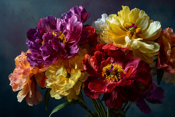 Obraz premium Close-up of vibrant peony bouquet, showcasing diverse colors and textures, symbolizing beauty, luxury, and elegance, perfect for floral or design concepts