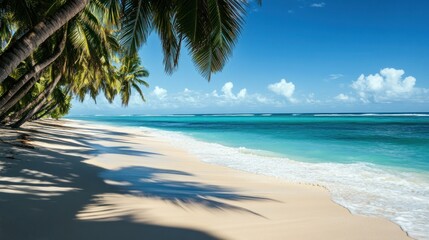 Idyllic tropical beach with turquoise water and swaying palm trees