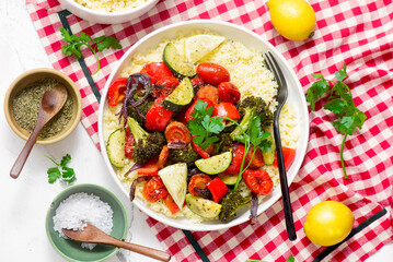 Couscous with assorted baked vegetables.selective focus