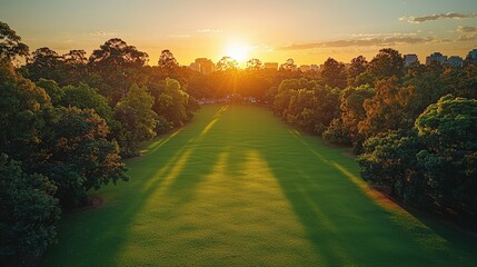 Obraz premium Serene sunset over lush green park with city skyline in the distance