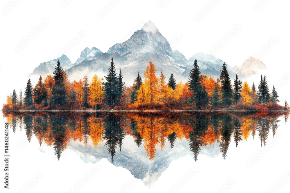 Aufkleber breathtaking autumn landscape featuring colorful trees reflecting on calm water with majestic mounta