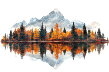 Breathtaking autumn landscape featuring colorful trees reflecting on calm water with majestic mountains in the background during a serene day
