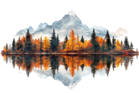 Breathtaking autumn landscape featuring colorful trees reflecting on calm water with majestic mountains in the background during a serene day