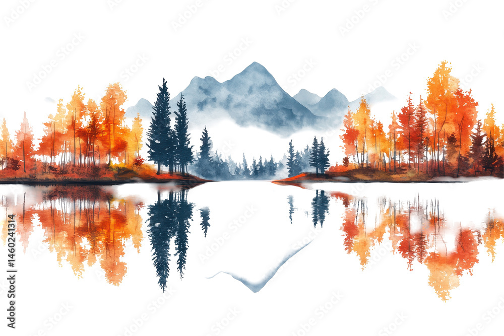 Aufkleber breathtaking autumn landscape featuring colorful trees reflecting on calm water with majestic mounta