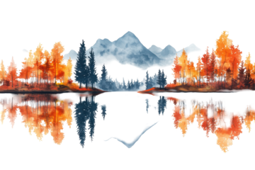 Breathtaking autumn landscape featuring colorful trees reflecting on calm water with majestic mountains in the background during a serene day