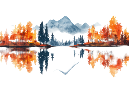 Breathtaking autumn landscape featuring colorful trees reflecting on calm water with majestic mountains in the background during a serene day - Powered by Adobe