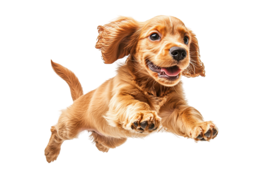 Energetic puppy jumping joyfully in a playful manner against a white background showcasing its lively expression