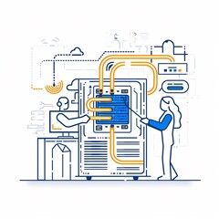 art Outline style illustration person plugging cable server rack blue orange cable connection points clean white lines grey data center background minimal network setup vector