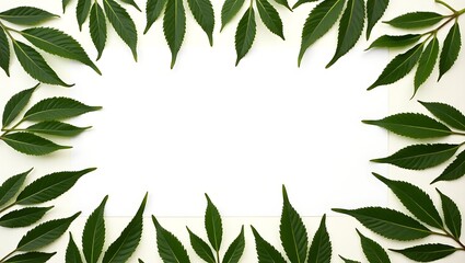 Botanical frame of green leaves isolated on white surface background