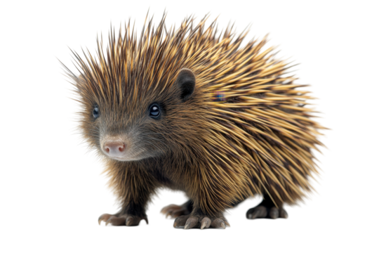 Hedgehog standing on white background displaying natural behavior and unique attributes during daylight hours in a peaceful environment
