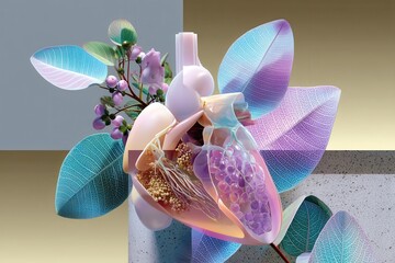 A vibrant representation of a human heart combined with colorful plant elements, symbolizing the harmony between nature and the human body.