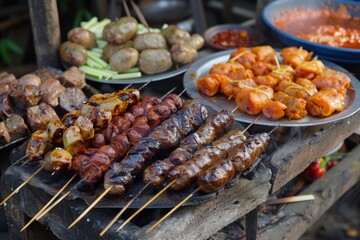Fried sausages and grilled meat