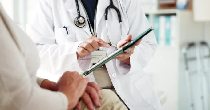 Doctor, hands and patient with tablet for consultation, diagnosis or medical results at clinic. Closeup, healthcare worker or client with technology or app for medicare, health checkup or visit