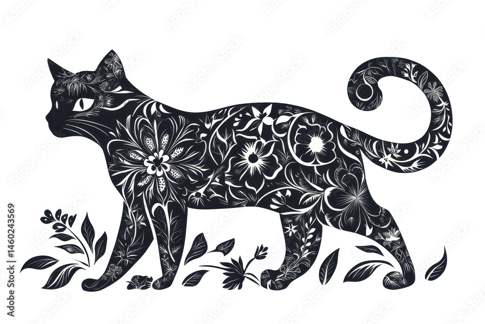 Poster artistic cat silhouette decorated with intricate floral designs in a vibrant color palette suitable 