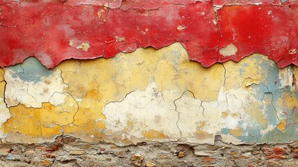Weathered wall with red, yellow, and white paint, showing age and texture.  Cracks and peeling paint reveal layers beneath