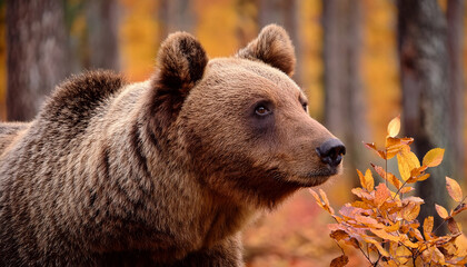 Fototapeta premium close up of a brown bear in an autumn forest selective focus