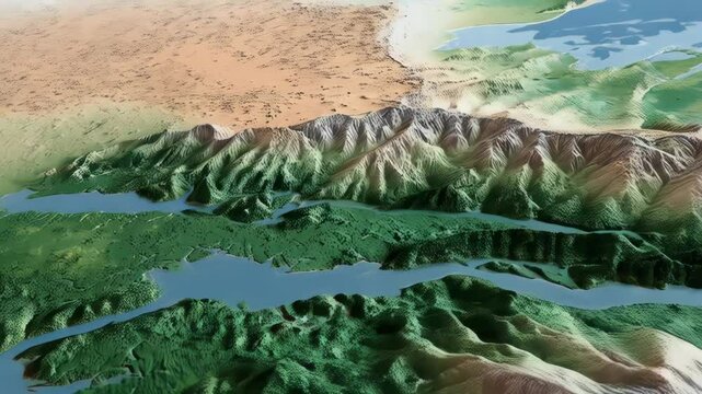 Aerial view simulation showcases varied terrain with mountains, valleys, rivers, and coastal landscapes in illustrative style.