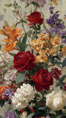 Vibrant oil painting of various flowers: roses, lilies, peonies, and lilac, arranged in a lush bouquet against a textured background.  Showcase of floral artistry and beauty