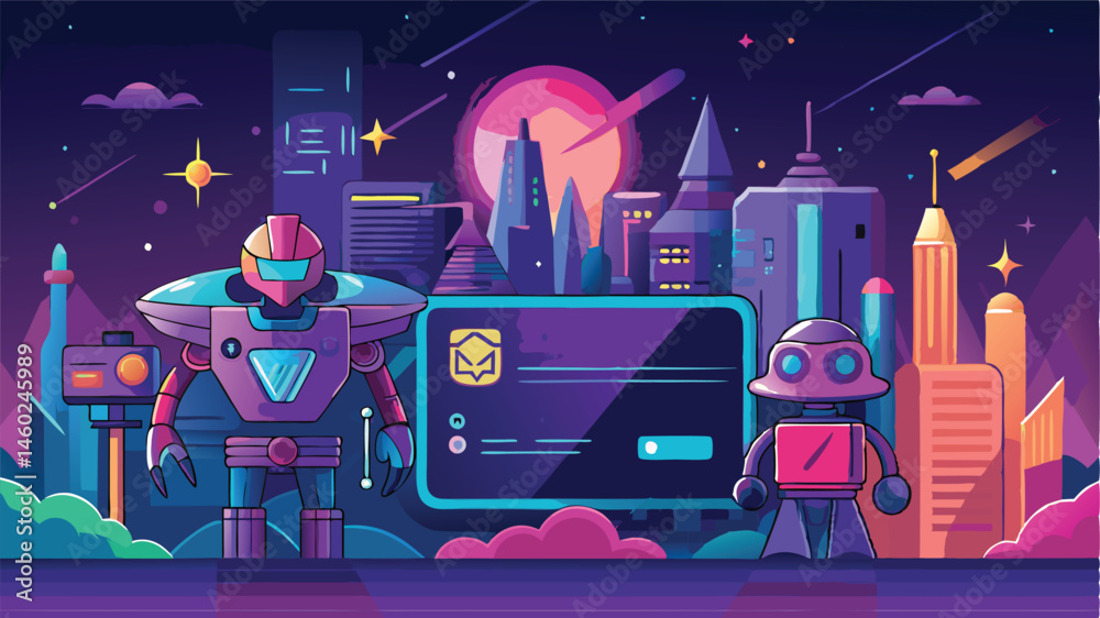 Poster robots in a futuristic city landscape showcasing advanced technology during a vibrant cosmic evening