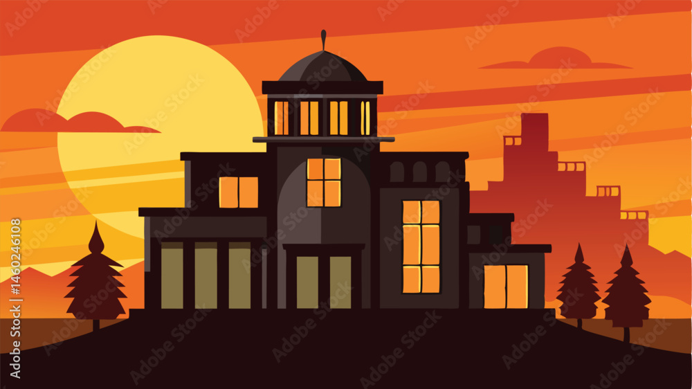 Aufkleber Vector illustration of modern architecture against an orange sunset with silhouette trees and mountains in the background
