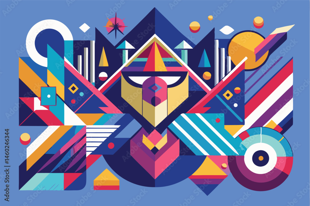 Poster Colorful geometric vector illustration featuring abstract shapes and patterns with a central figure representing strength and energy