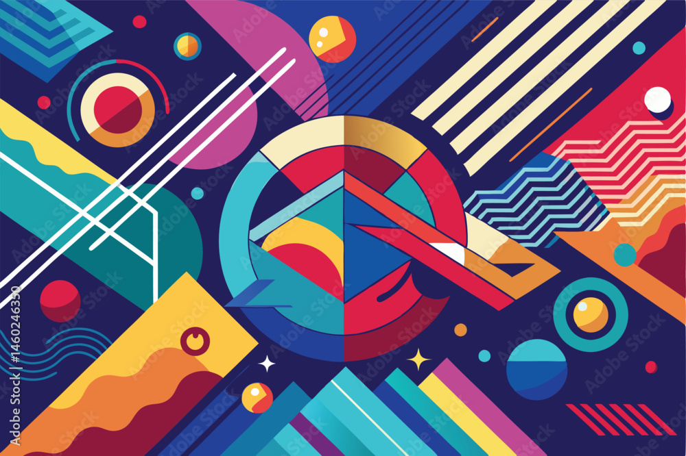 Poster colorful geometric vector illustration featuring abstract shapes, patterns, and celestial elements i