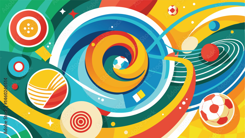 Poster dynamic vector illustration featuring colorful swirling patterns and soccer balls capturing the ener