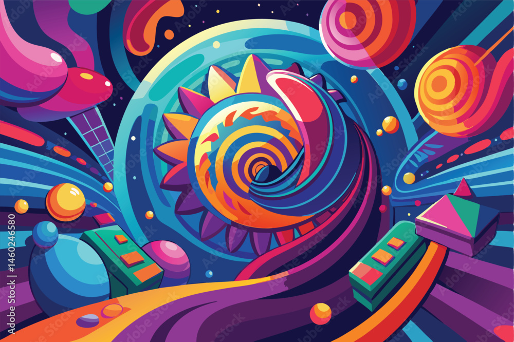 Aufkleber Dynamic vector illustration of a vibrant tunnel filled with colorful shapes and swirling patterns depicting a journey through an abstract space