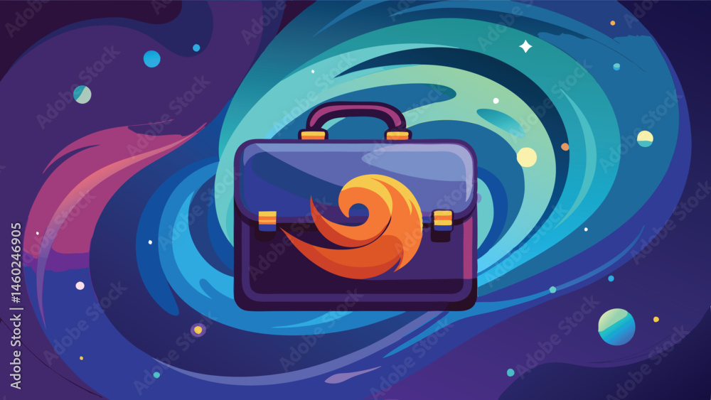 Poster creative vector illustration of a stylish briefcase with a swirl design, set against a vibrant cosmi