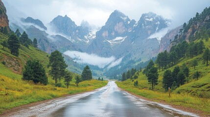 Naklejka premium Wet road winds through lush green valley towards majestic, mist-shrouded mountains