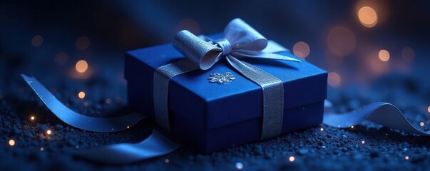 Midnight blue package, silver bow, mystical aura , ethereal, package, wrapping