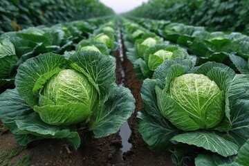 Fototapeta premium Rows of Lush Green Cabbage Heads Sprouting in Rich Brown Soil on Vegetable Farm During Growing Season Cultivation