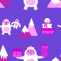 Winter monsters seamless Christmas yeti pattern for wrapping paper and fabrics