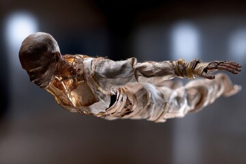 An artistic representation of a mummy figure in flight, merging traditional elements with a contemporary style, emphasizing the balance of past and future through creative design.