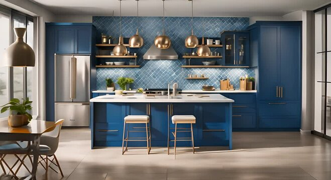 A modern kitchen with stainless steel appliances open shelving and a blue tile backsplash 4K