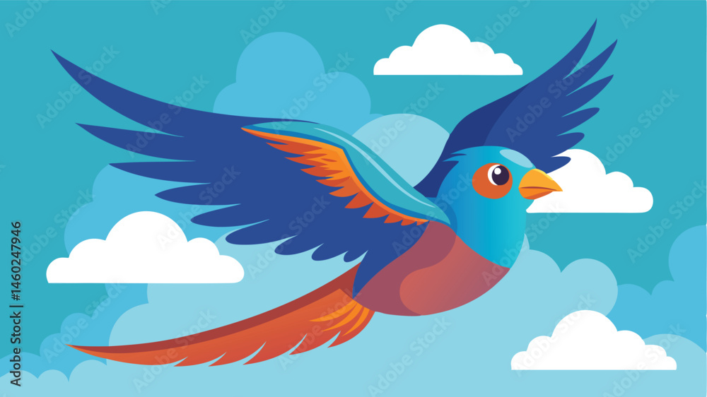Poster colorful bird soaring through a bright sky with fluffy clouds in a joyful vector illustration showca
