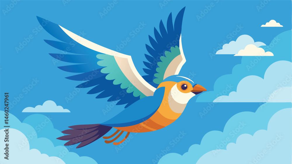 Poster colorful bird soaring through a bright sky with fluffy clouds in a joyful vector illustration showca