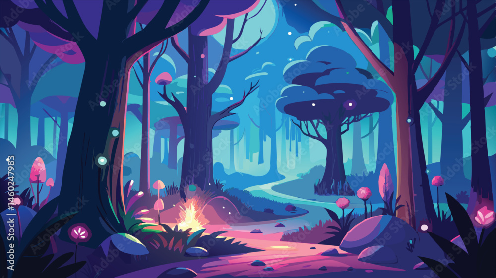 Poster mysterious forest pathway illuminated by glowing plants and ethereal light in a vibrant vector illus